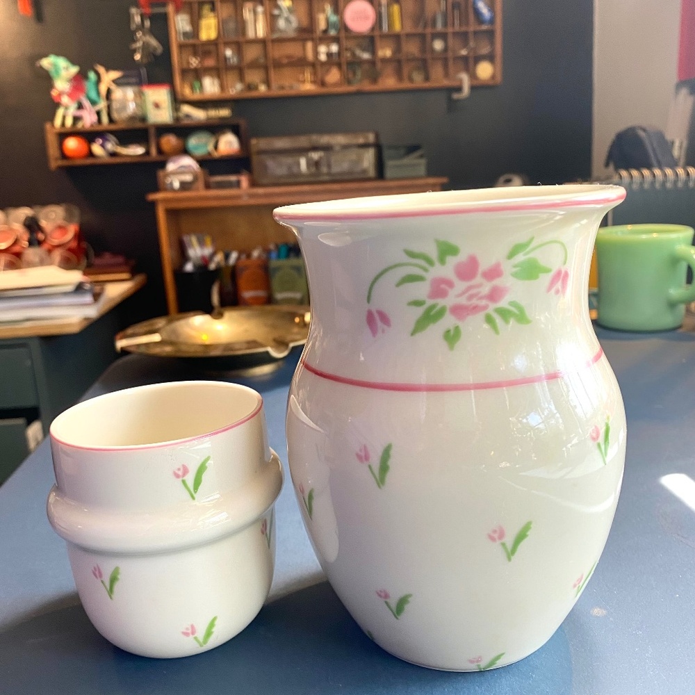 Vintage Bedside Water Carafe By Teleflora 1985 With Drink Cup with Floral Design